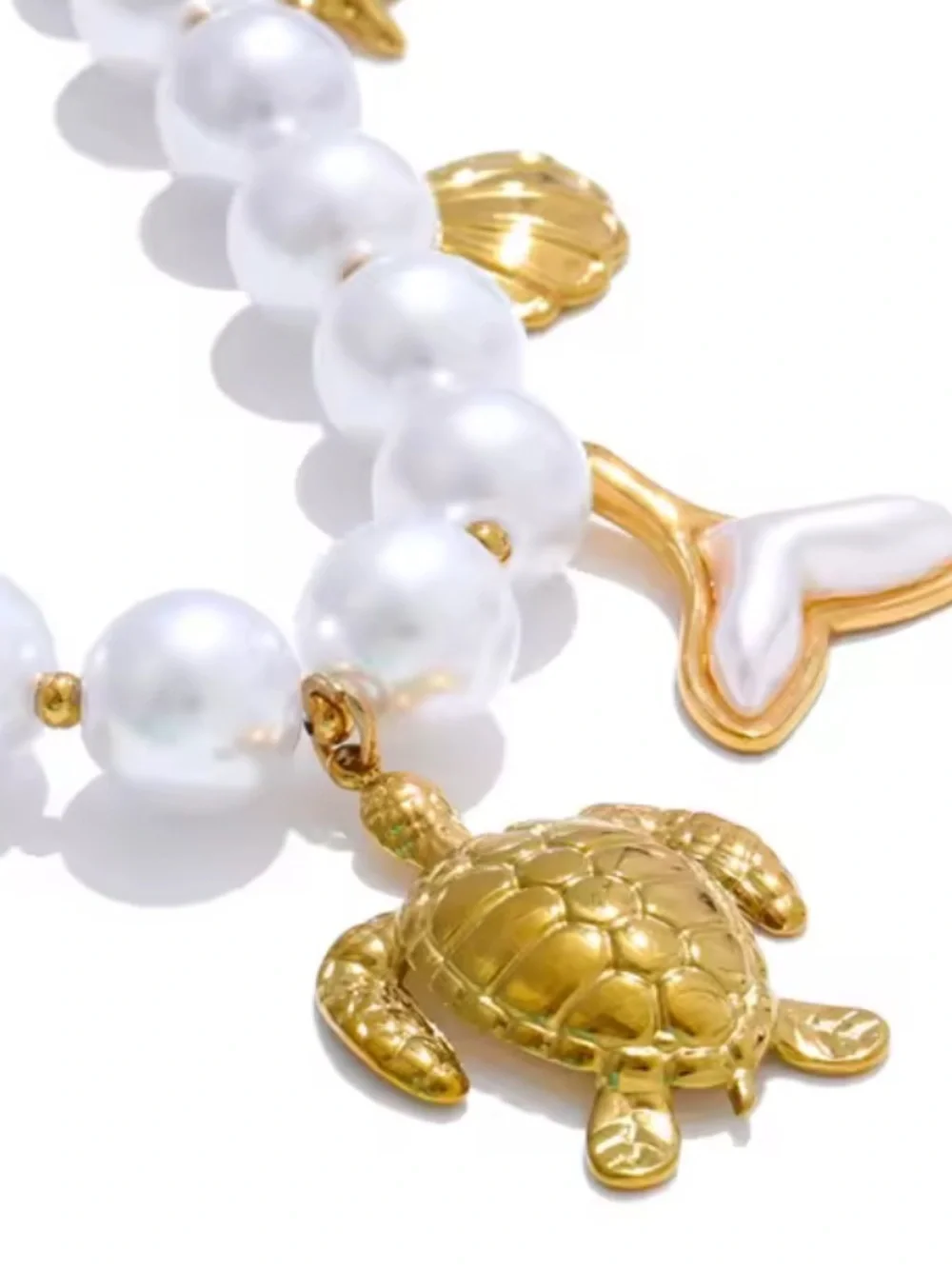 Gold Turtle Pearl Sea Life Charm Necklace